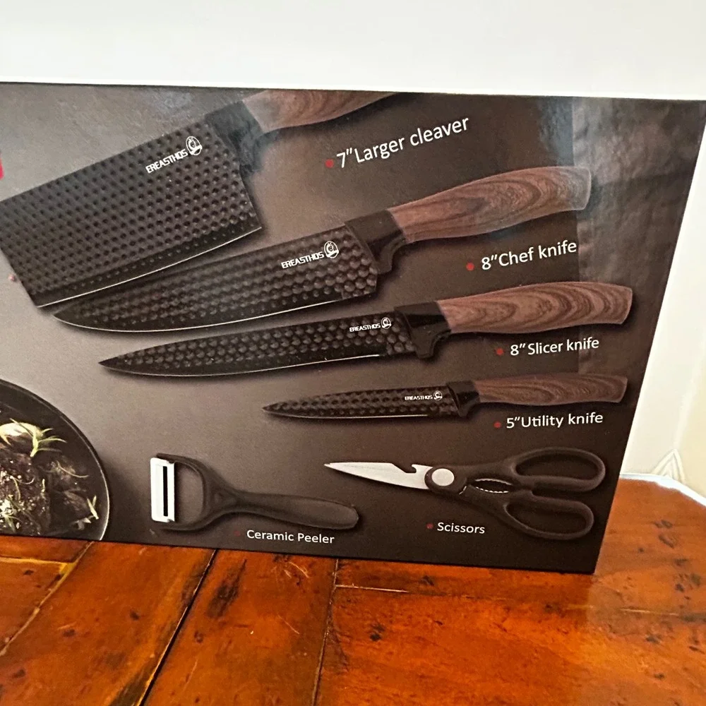 EREASTHQS Knife Set Black 6 Piece Non-Stick Wood Grain Handle New